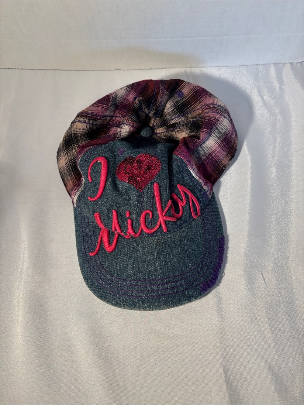 Disney Kids Denim-Look Cap with Pink Plaid and Hot Pink Embroidery